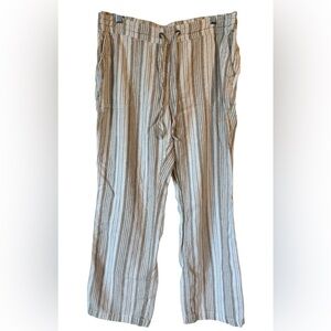 Per Se Women's Tan White Striped Linen Blend Elastic Waist Pants Large